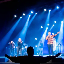 Live band on stage under blue lights